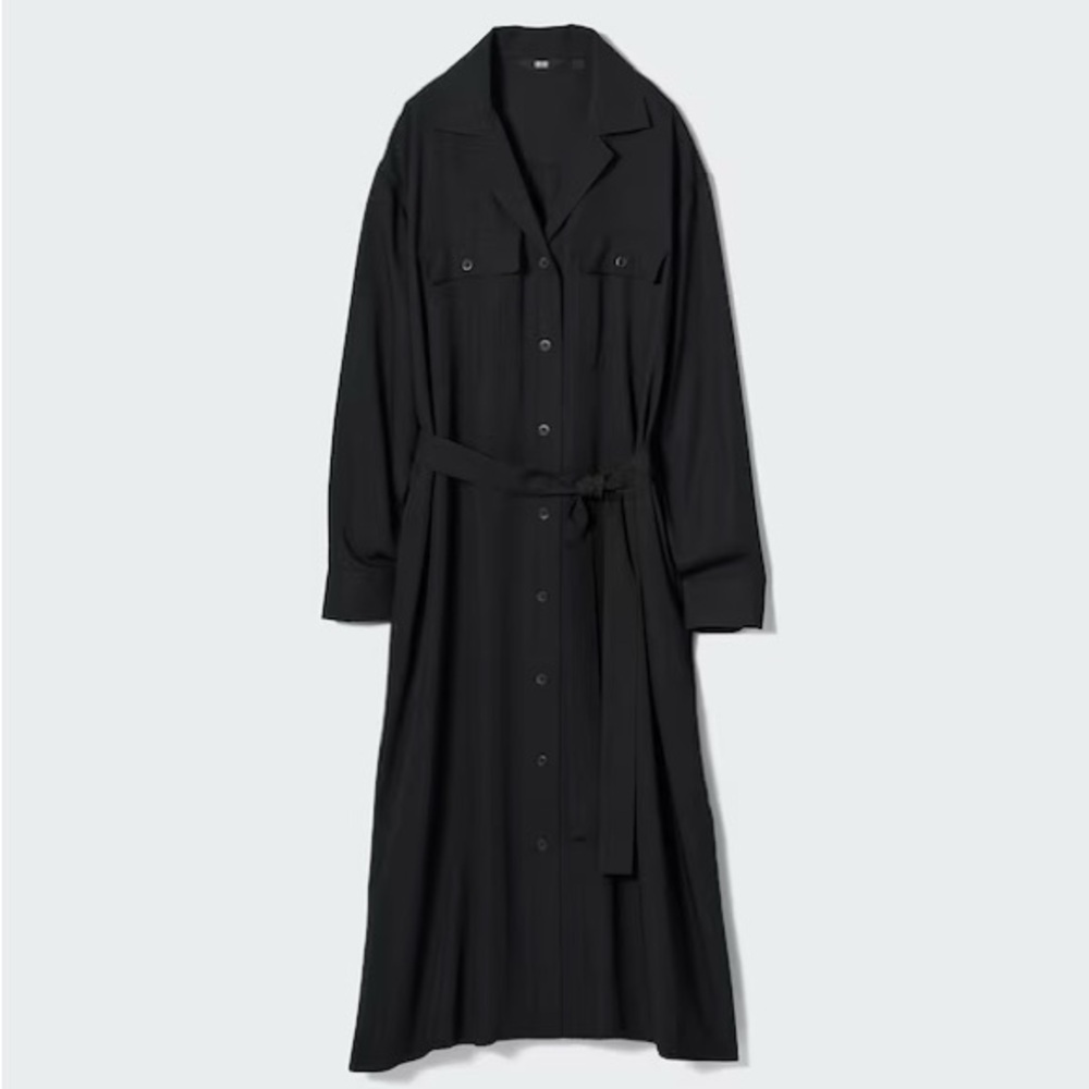 Uniqlo Elegant Black Midi Dress with Belt